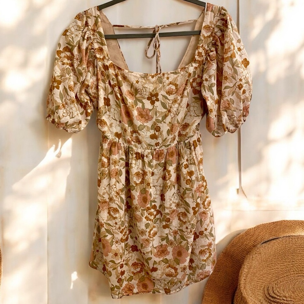 DRESS FORUM BOHO FLORAL MINI DRESS PUFF SLEEVES AND BOW COASTAL COWGIRL LARGE - Picture 8 of 16